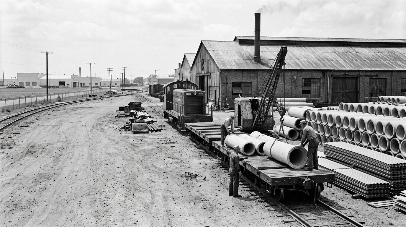 Stacked cement pipe in a 1950s building-products plant yard
