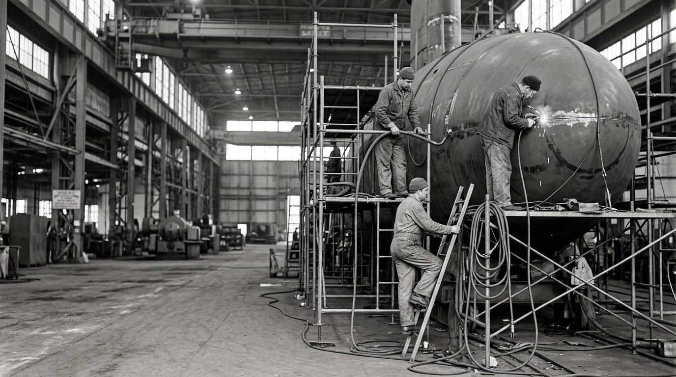 Workers building a submarine hull section in a construction hall