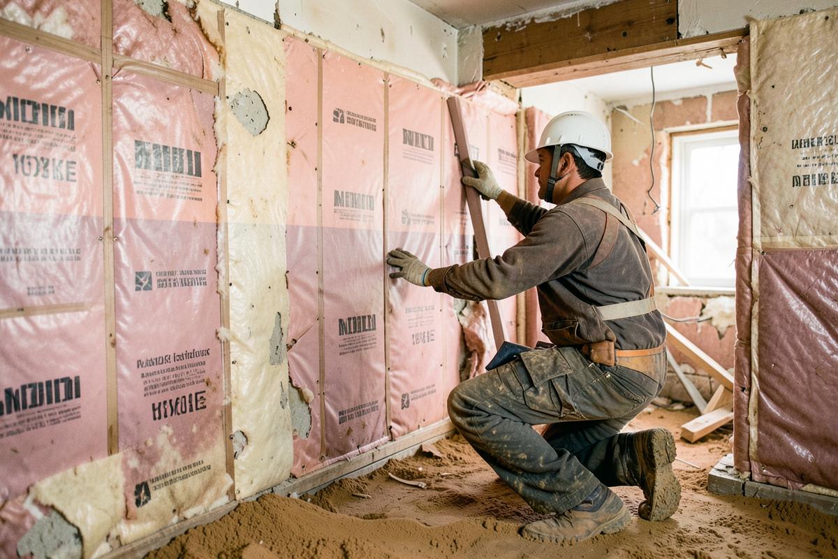Worker removing old insulation on a building site