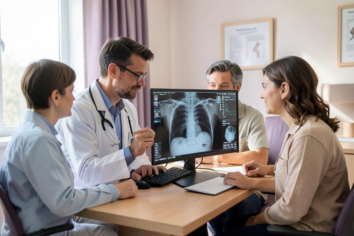 Mesothelioma specialist reviewing a chest scan with a patient