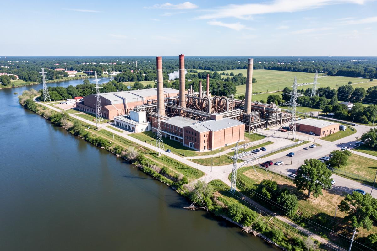 Historic industrial power plant beside a river