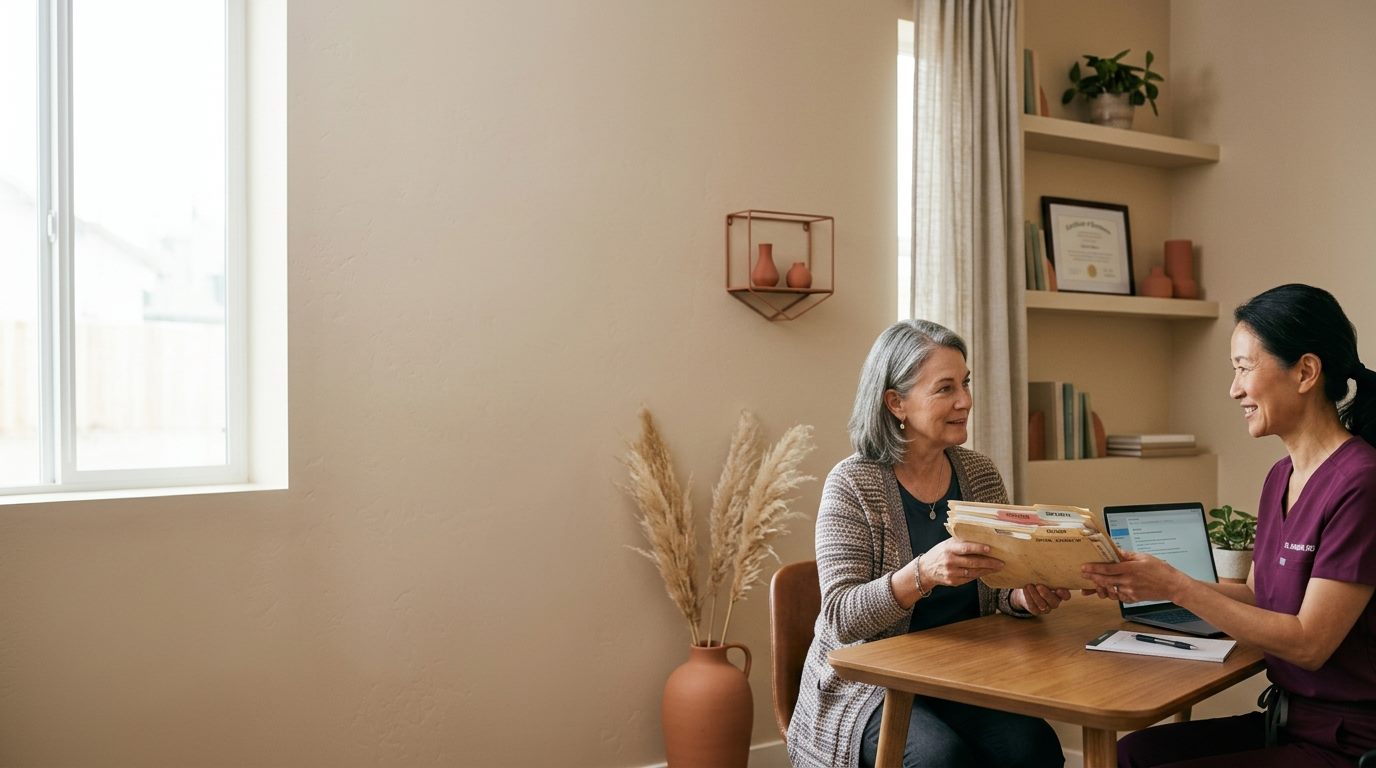 Patient handing medical records to a specialist