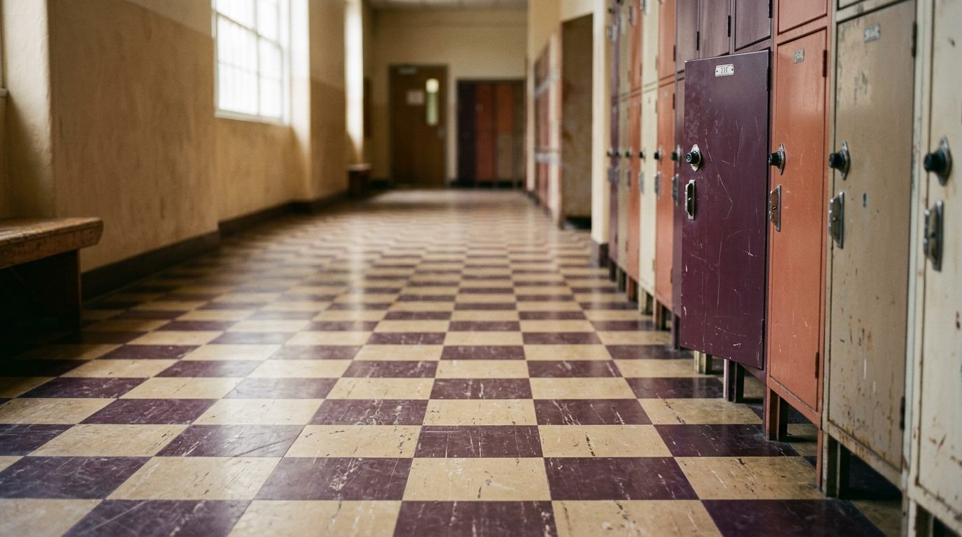 Old checkerboard floor tiles in a school hallway