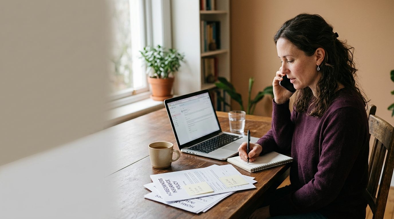 Woman on the phone with her insurer, taking notes