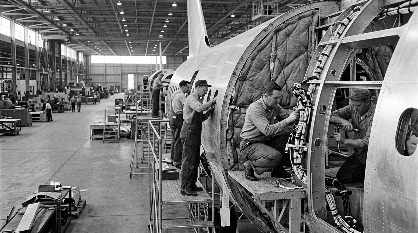 Workers assembling an aircraft fuselage in the 1960s