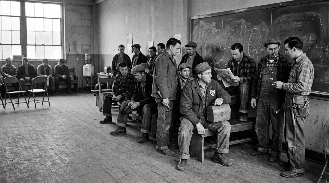 Tradesmen waiting in a 1950s union hiring hall