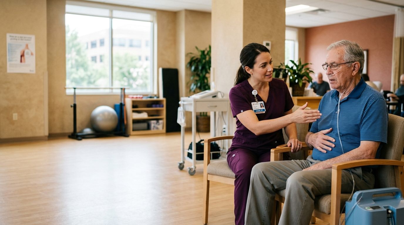 Therapist coaching an older man through breathing exercises