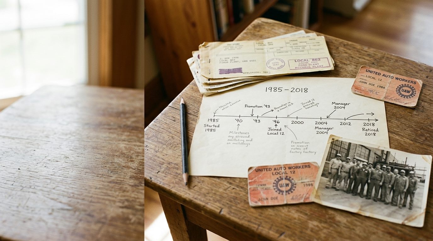 Hand-drawn work history timeline with old pay stubs