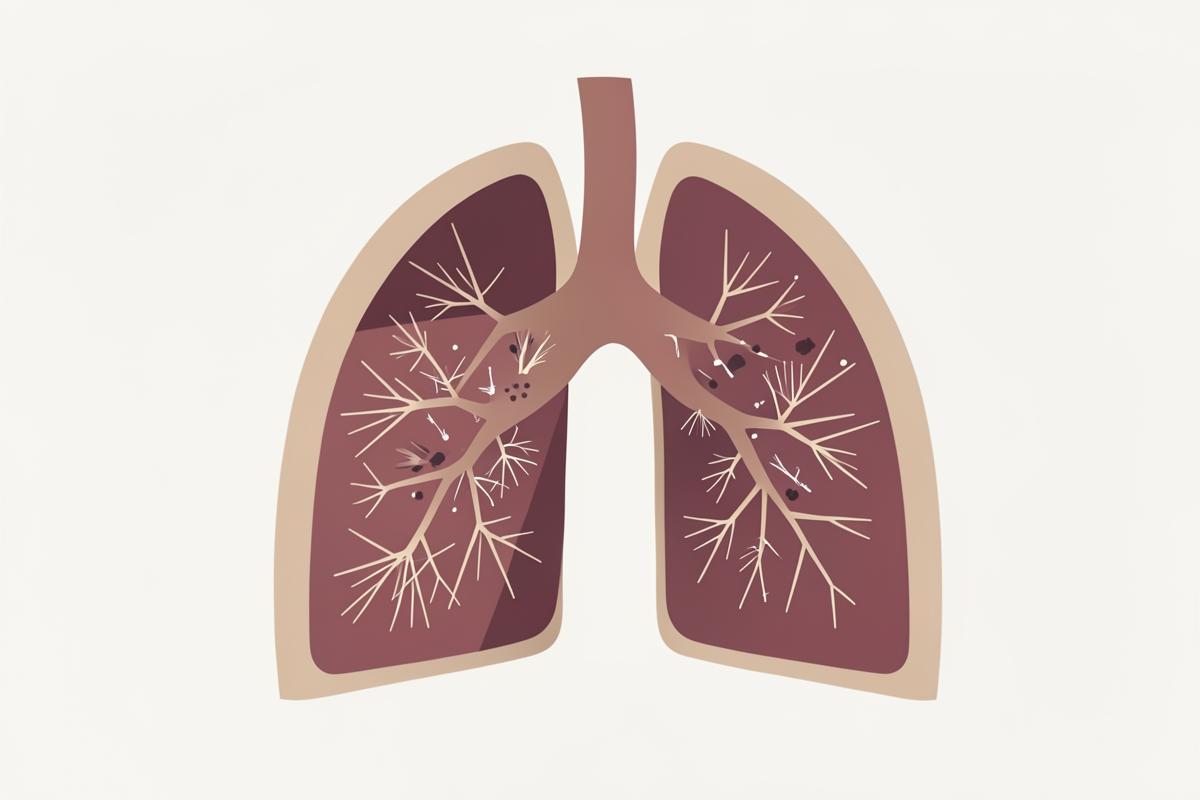 Illustration of asbestos fibers lodged in lung lining tissue