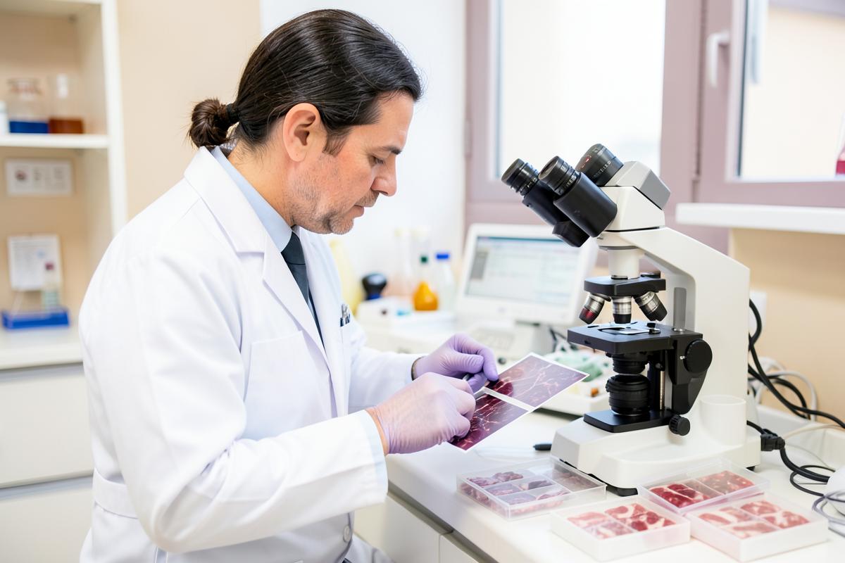 Pathologist reviewing biopsy slides in a medical laboratory