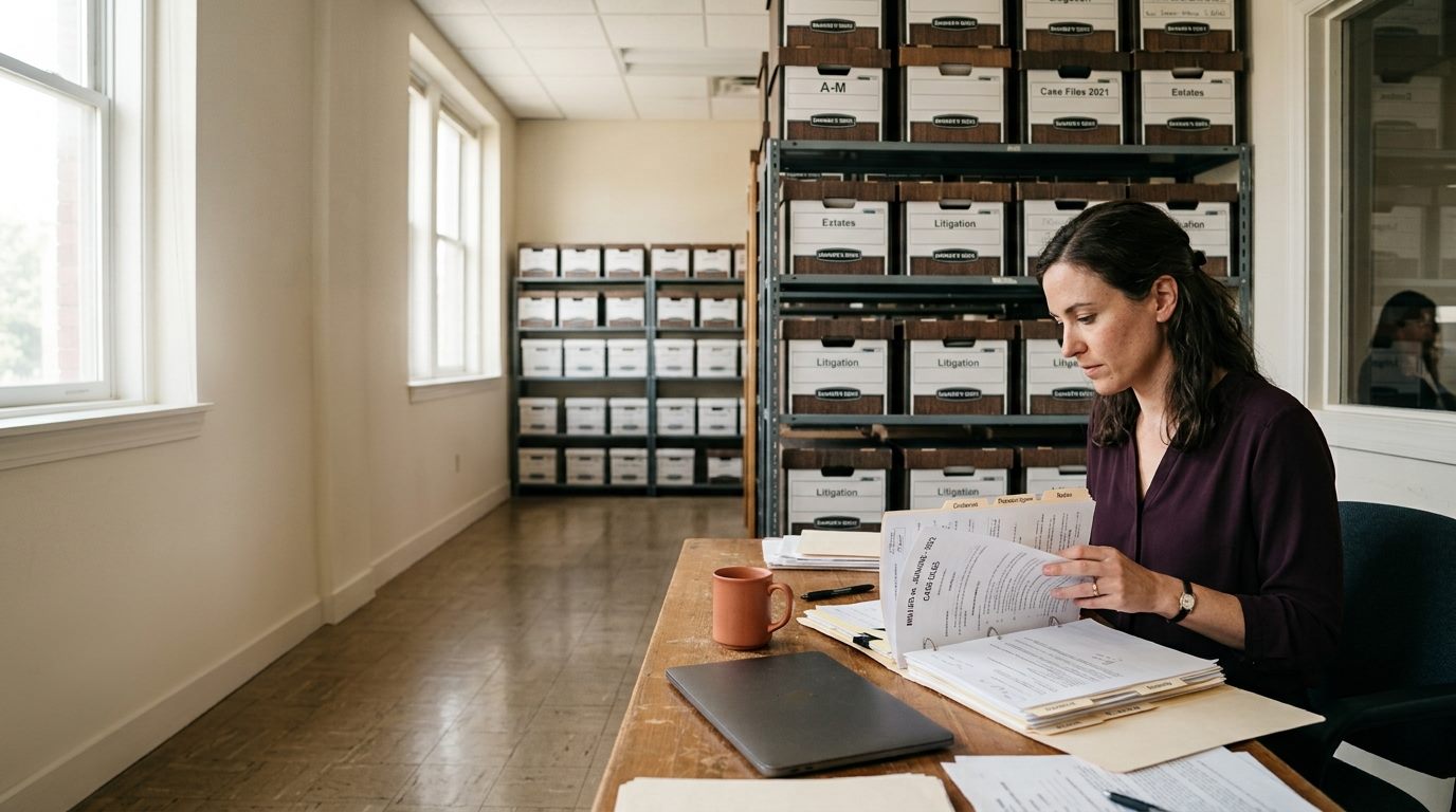 Case file boxes with one folder open on a desk