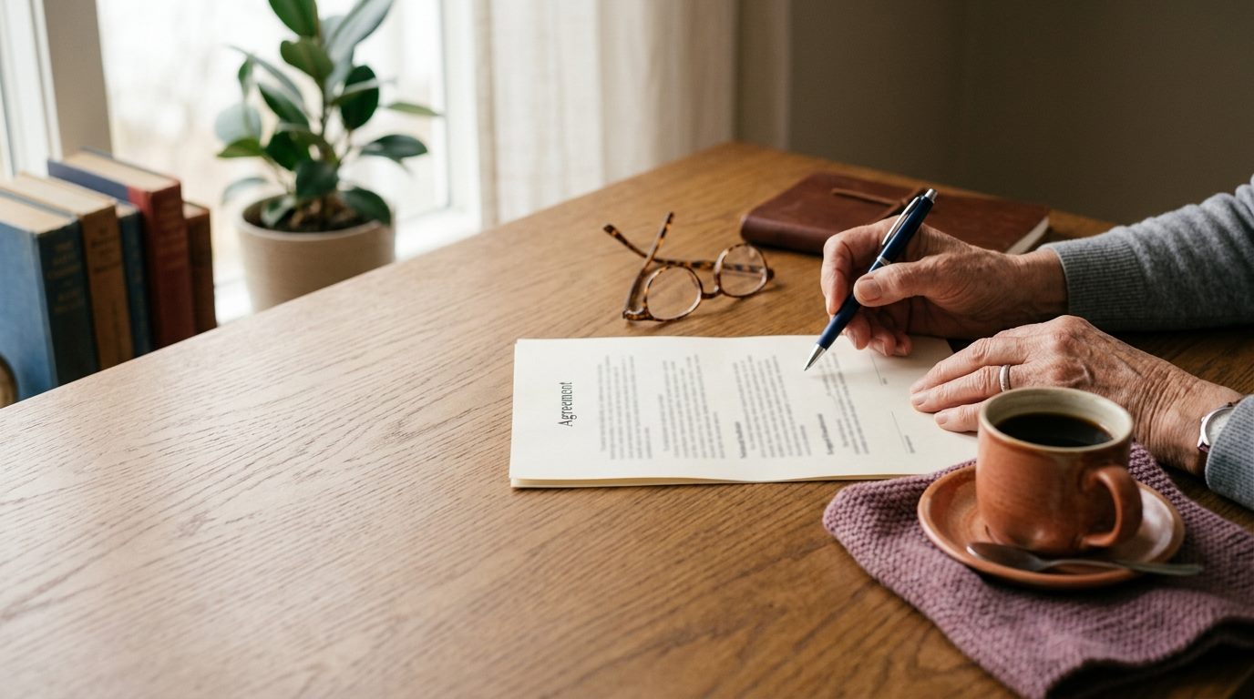 Hands reviewing a written fee agreement