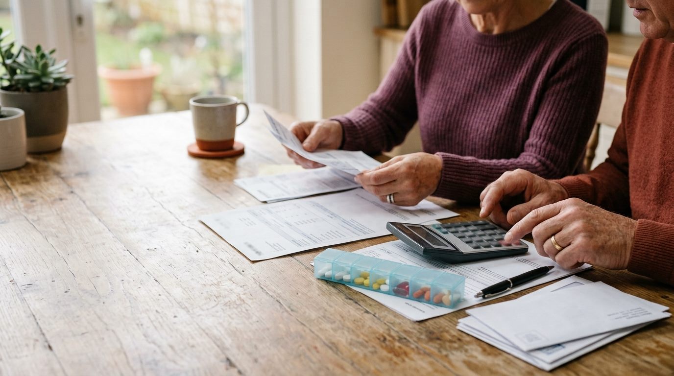 Couple sorting medical bills and insurance statements