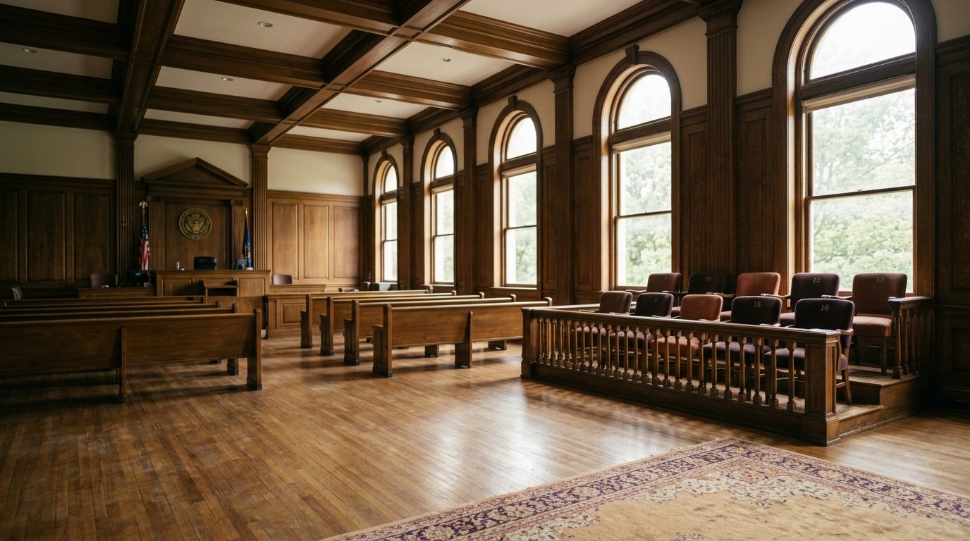 Empty courtroom jury box in morning light