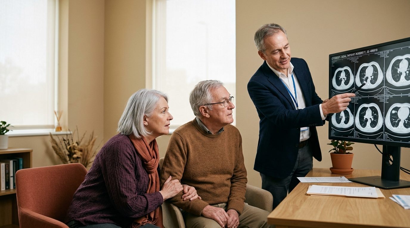 Thoracic surgeon reviewing chest scans with a patient and his wife
