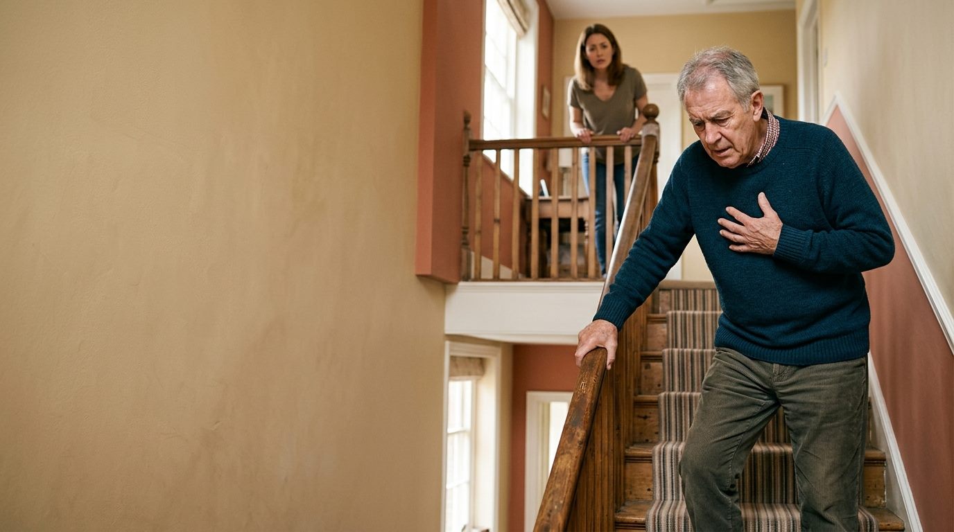 Older man pausing on the stairs, short of breath