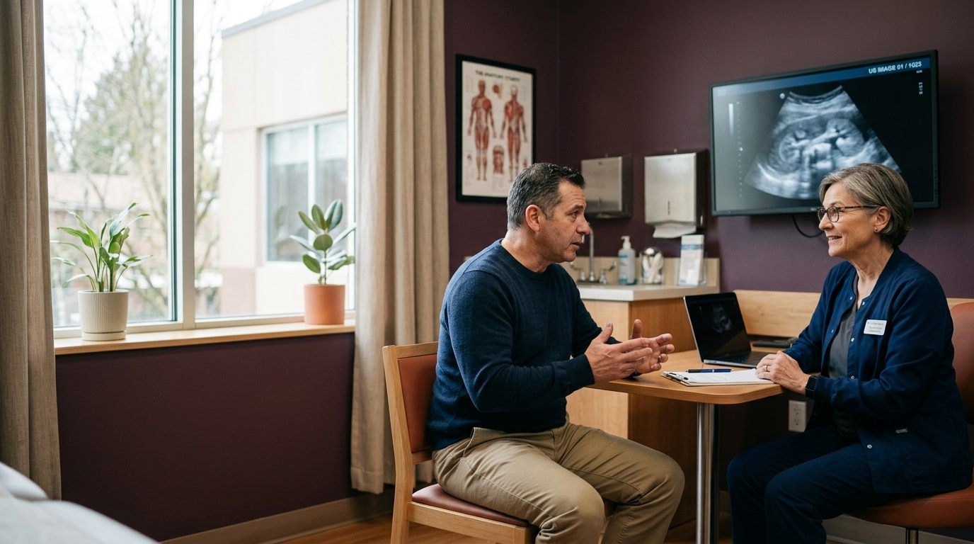 Urologist talking with a patient in a clinic exam room