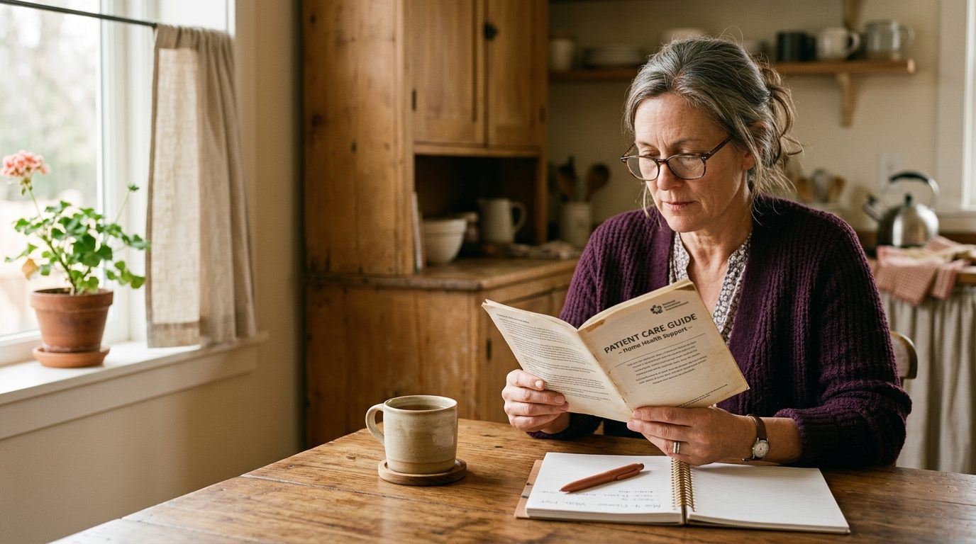 Caregiver reading a patient guide at the kitchen table