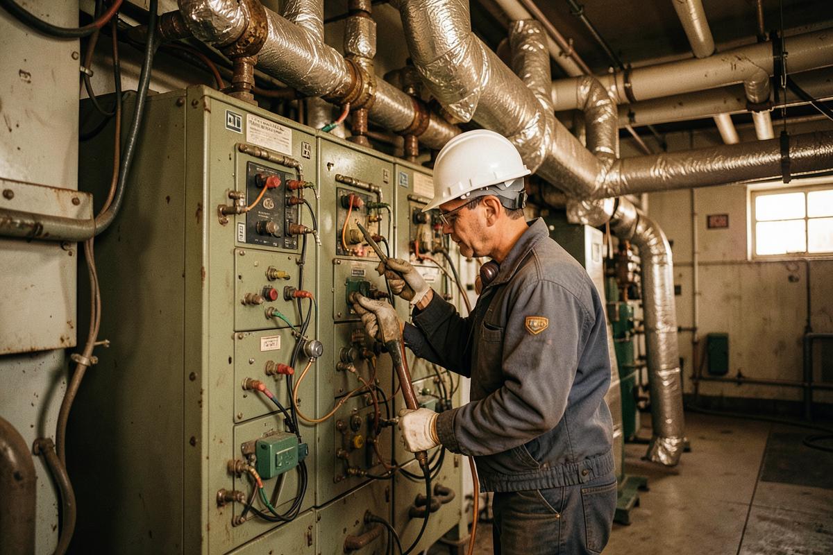 Electrician working at a vintage industrial control panel