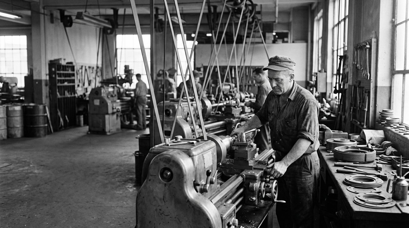 Machinist working at a lathe in a 1950s machine shop