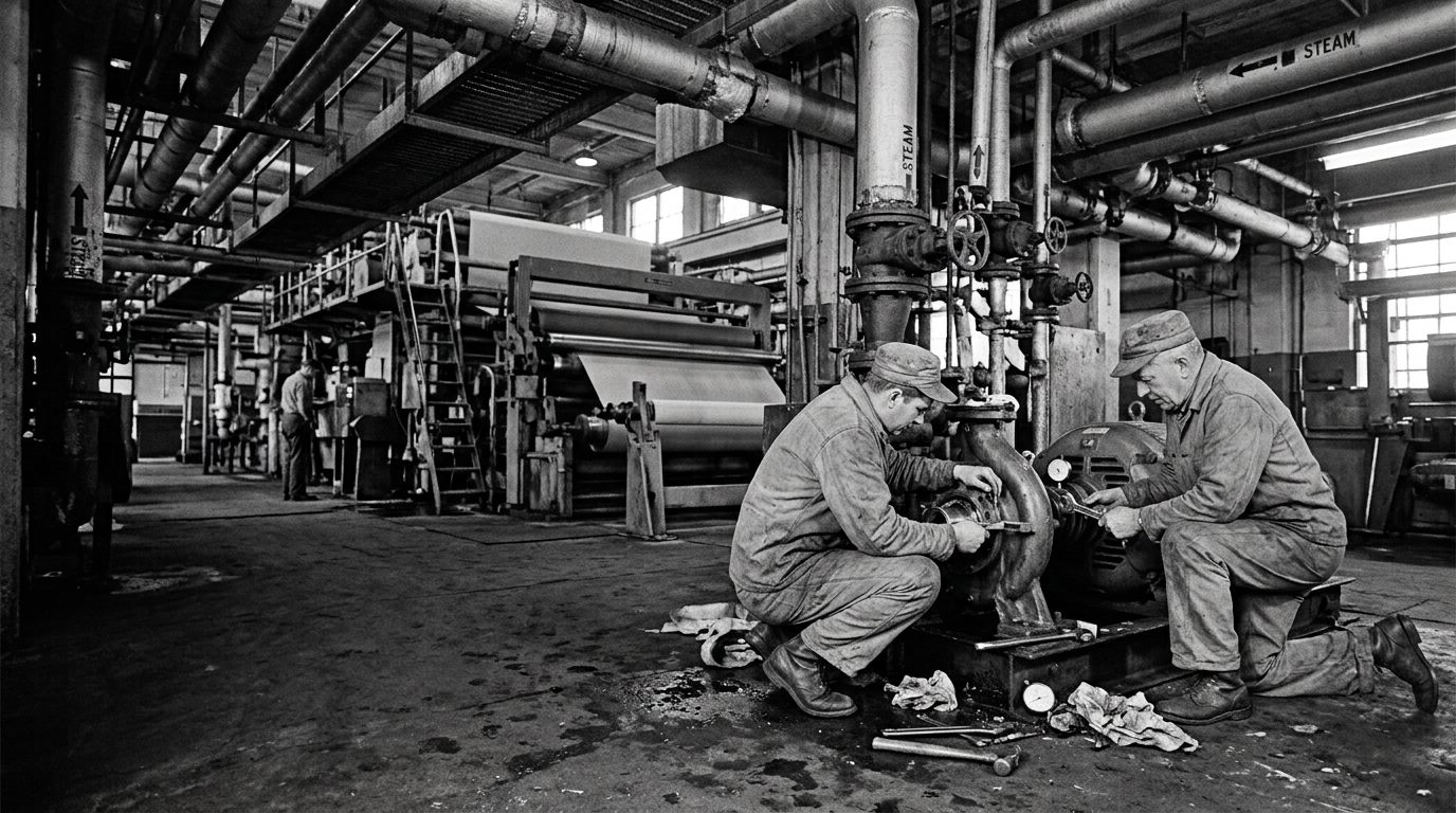 Millwrights aligning a pump in a 1960s paper mill