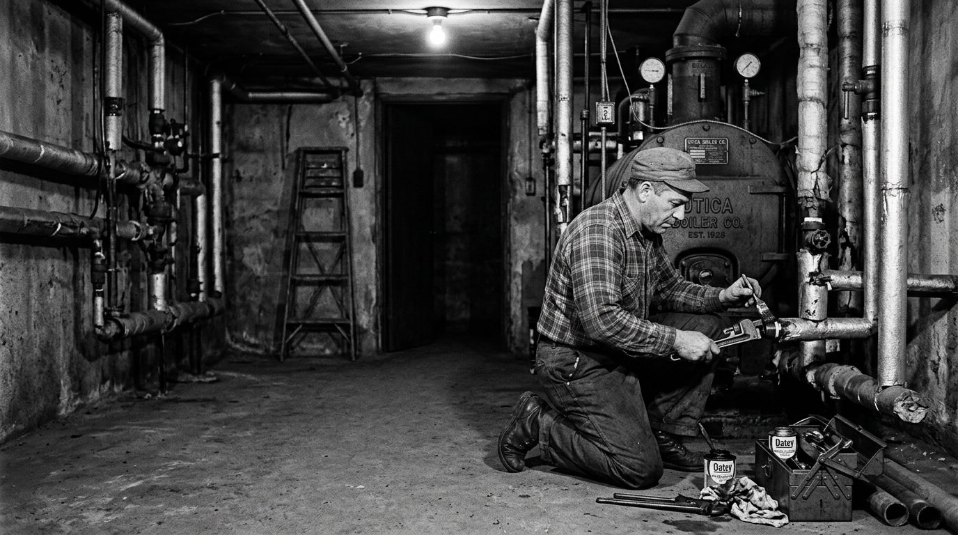 Plumber repairing pipes beside an old apartment boiler