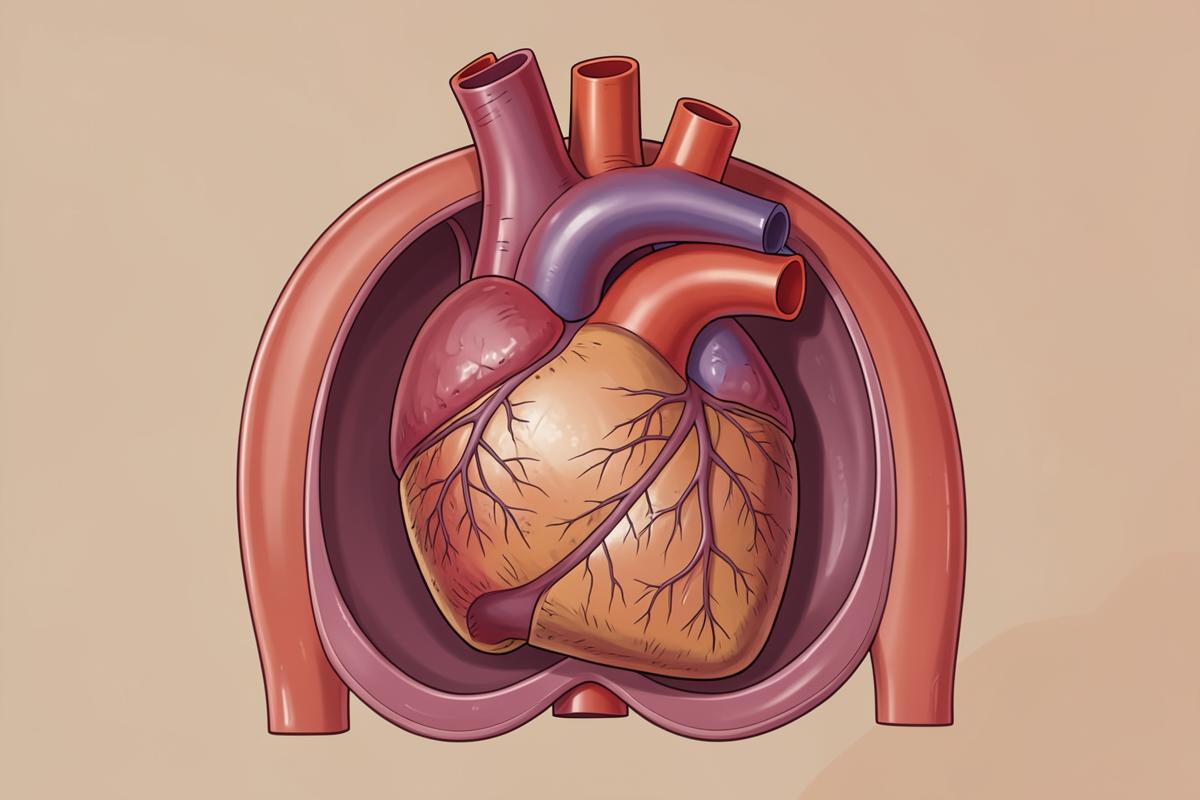 Medical illustration of the heart and surrounding pericardial sac