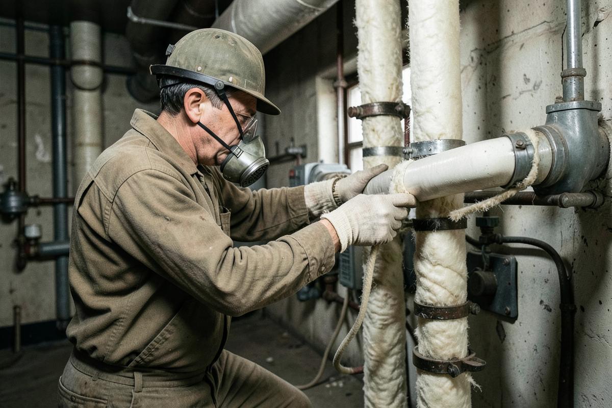 Insulation worker fitting lagging around industrial steam pipes