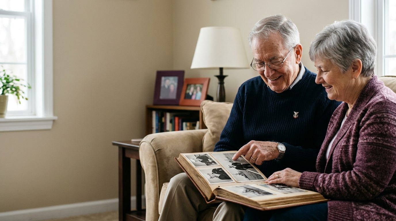 Older couple looking through a family photo album together at home