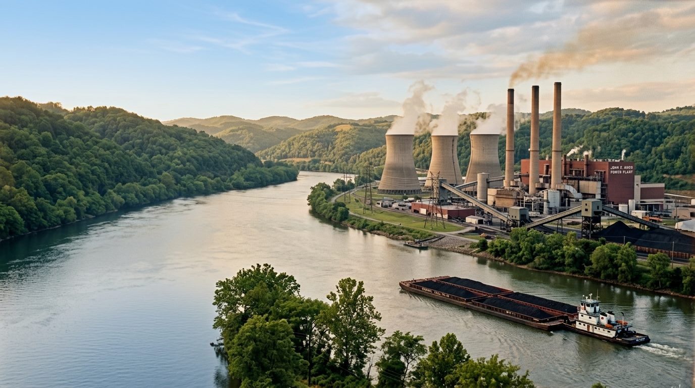 Coal-fired power station in an Appalachian river valley