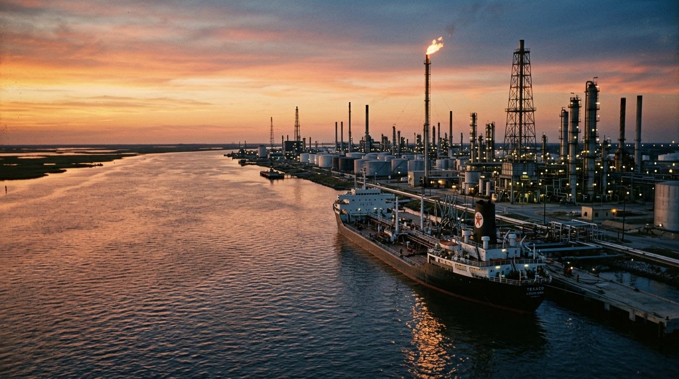 Gulf Coast refinery complex along a ship channel at dusk