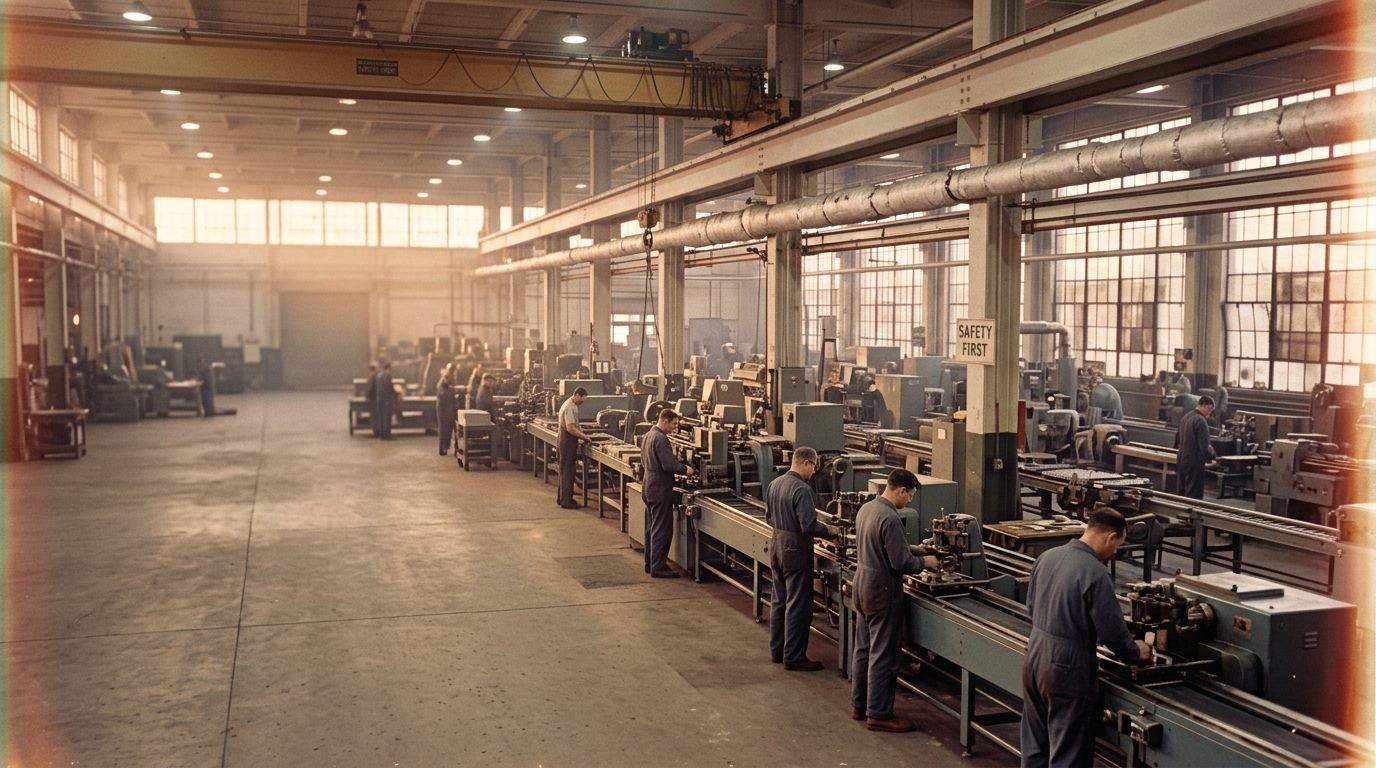 Midwest manufacturing plant floor in the 1960s
