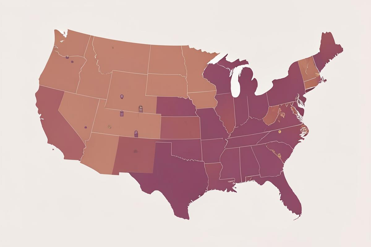 Stylized map of the United States showing asbestos exposure coverage by region